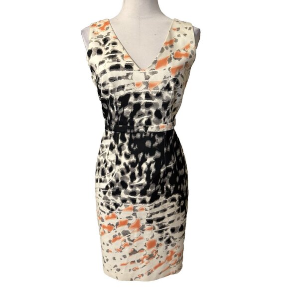 Tahari Dress 8 Black Peach Ivory Cotton Sheath Sleeveless Summer V Neck - Picture 1 of 14